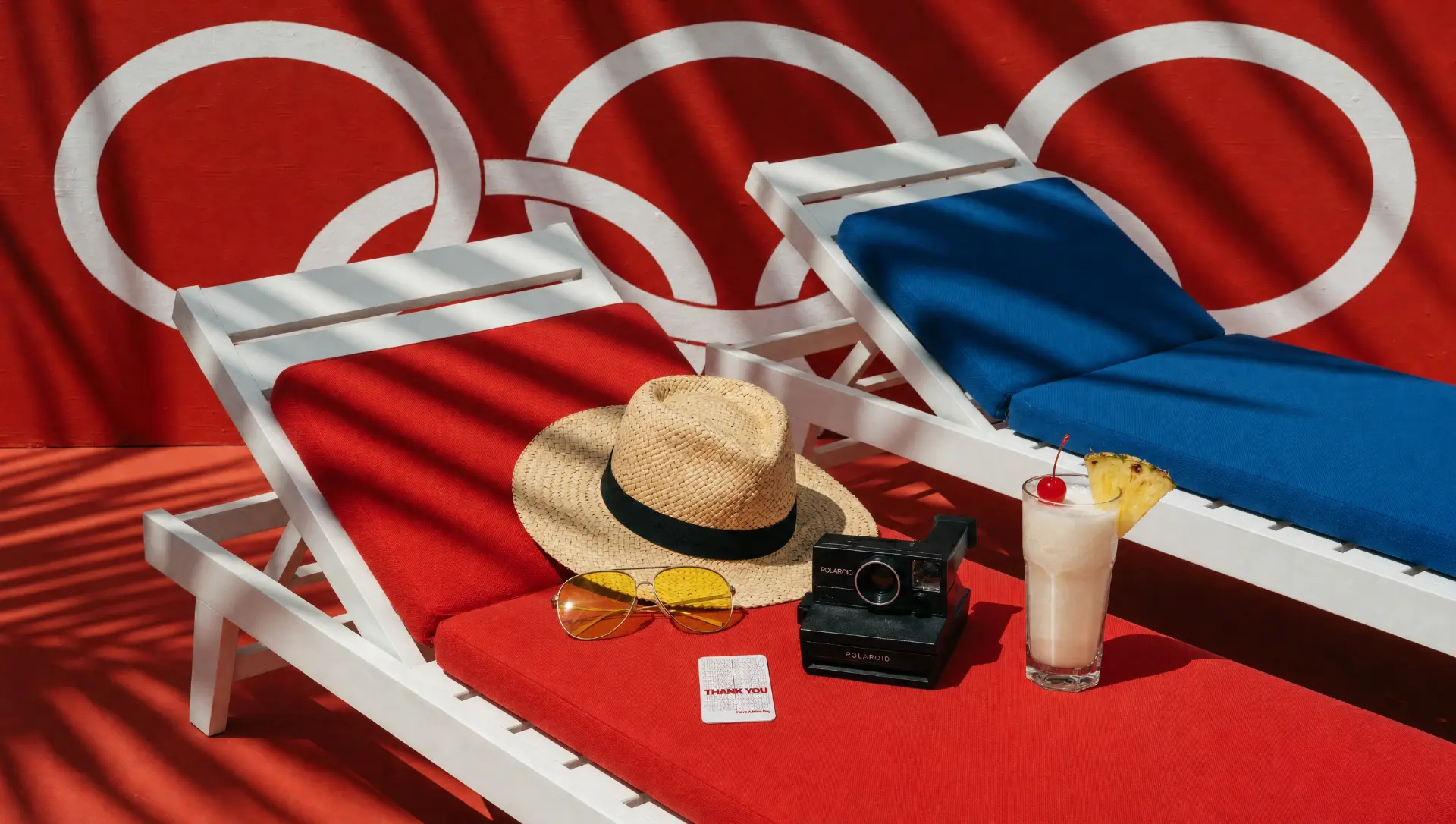 Two women lounging by a pool with a card on a red sunbed beside a polaroid camera and a pina colada