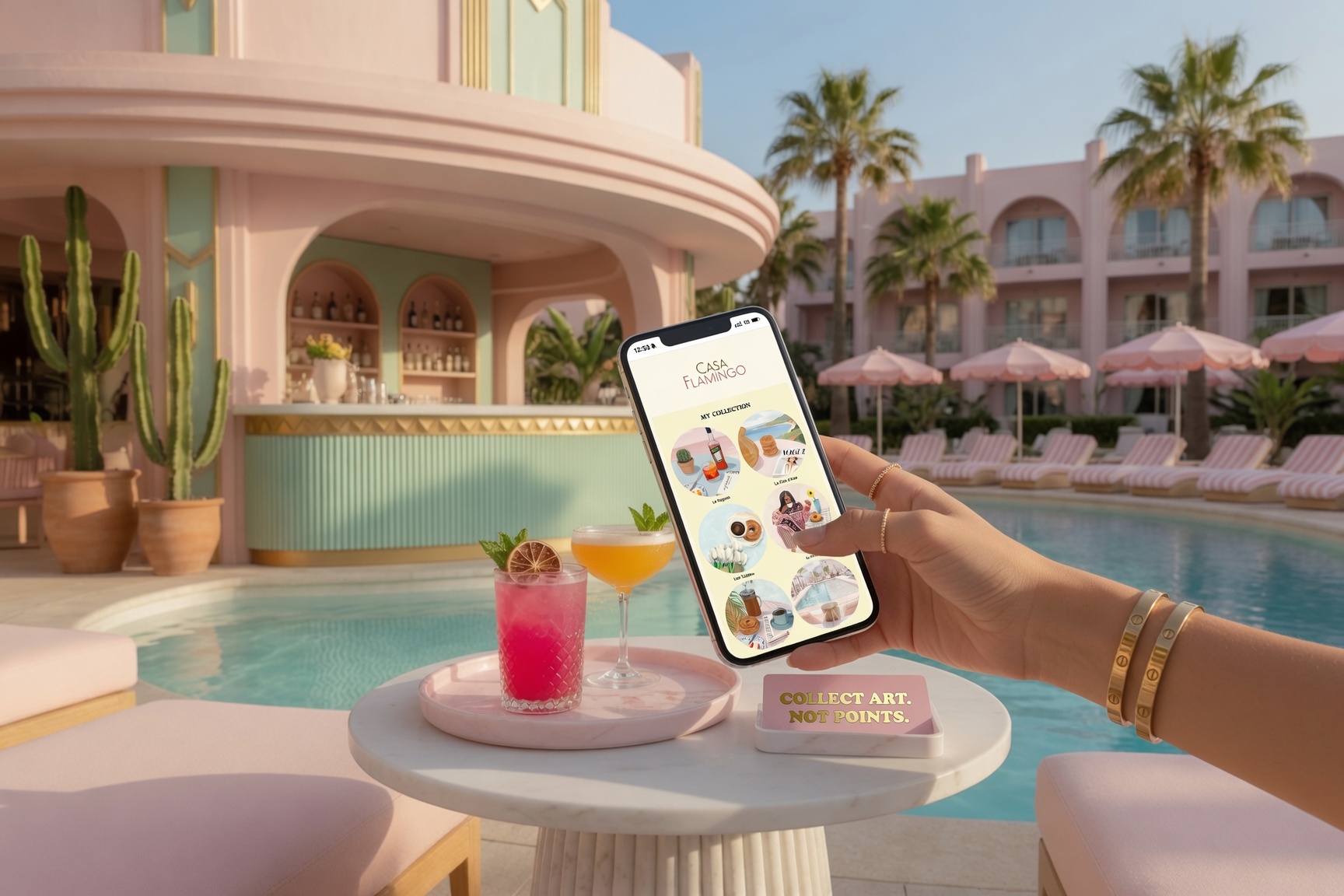 A phone showing a full IRLs collection beside a pink card at a hotel pool