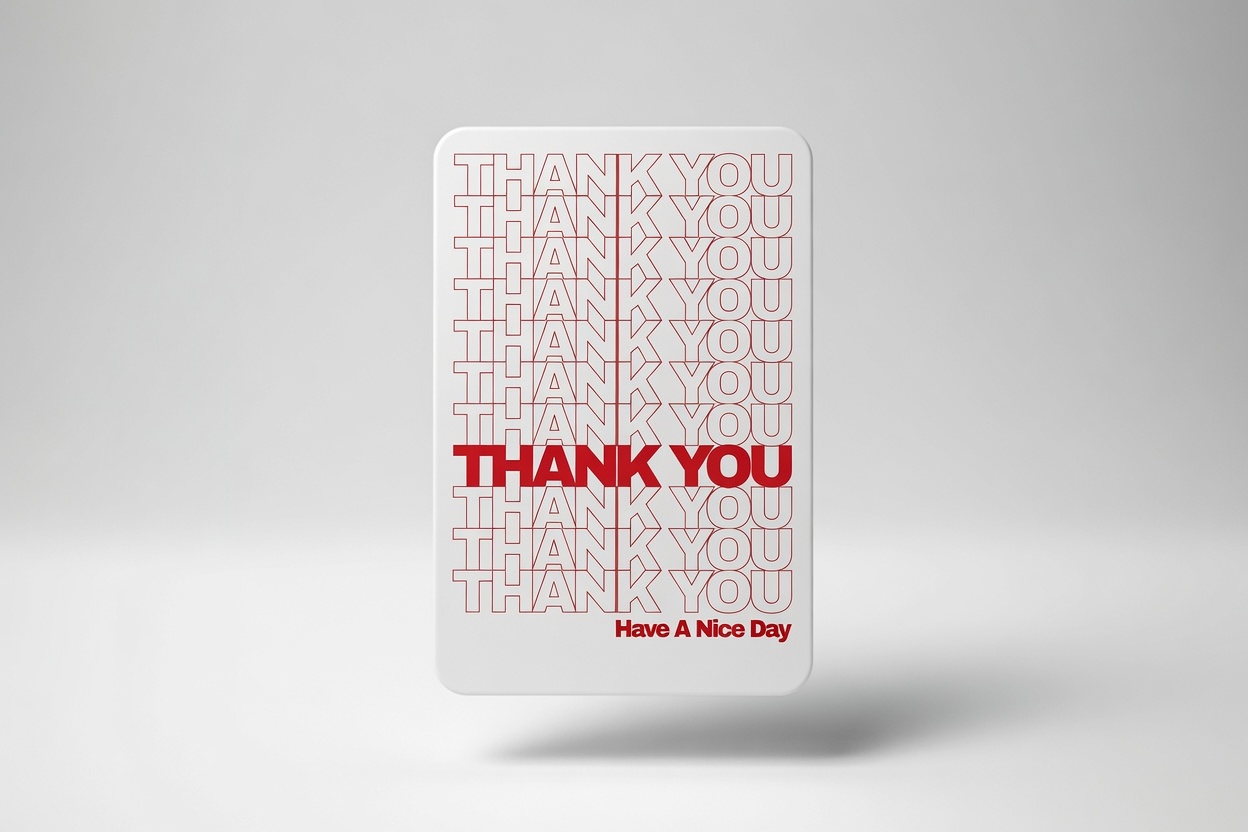 A white Thank You IRLs card hovering on a grey studio backdrop
